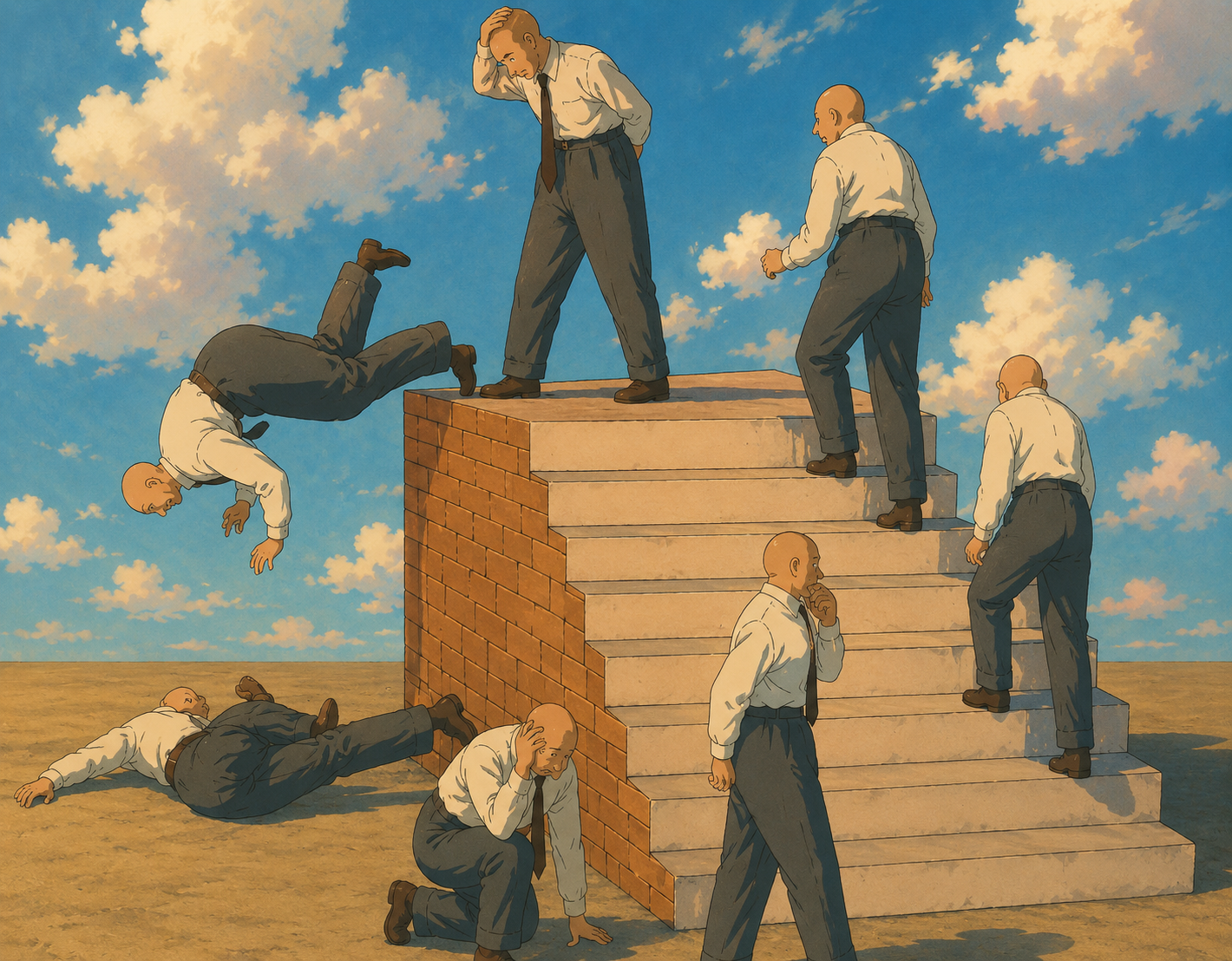 Surreal illustration of identical bald men in white shirts and ties climbing, pausing, and falling around a stone staircase in a desert under a cloudy sky.
